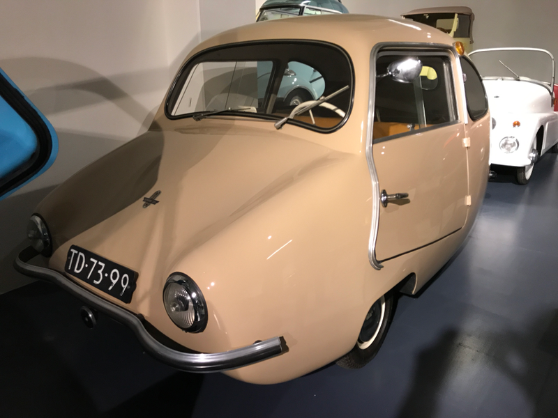 This is the one that I was excited to see. A 1955 Bambino. It’s a license built copy of the German microcar the Fuldamobil. Just a handful were built in the Netherlands by a transport manufacturer called Alweco. This is probably the only one left in the world. The body is made of heat pressed aluminum, a process that could only be done with round shapes, hence the egg. Fuldamobils were built on license all over the world and this is probably the rarest version.